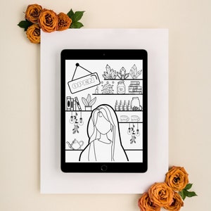 May include: A black and white digital illustration on a tablet featuring a woman with long hair and a shelf with crystals, books, and jars. The tablet displays the word "OPEN" on a sign. Orange roses are in the corners.