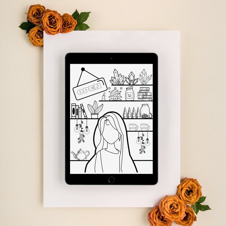 May include: A black and white digital illustration on a tablet featuring a woman with long hair and a shelf with crystals, books, and jars. The tablet displays the word "OPEN" on a sign. Orange roses are in the corners.