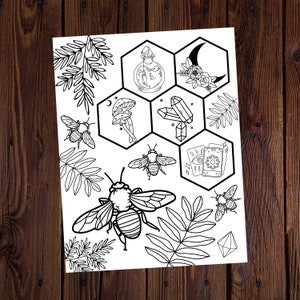 Bee Witchy Coloring Page- Magical Coloring Page- Witchy Coloring Page- Bee Coloring Page- Mushroom Coloring Page-Potions Coloring-Tarot