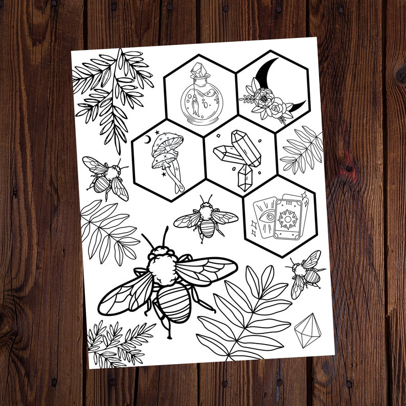 May include: Black and white line art illustration of a honeycomb with various images inside each cell. The images include a bottle, crystals, a mushroom, a crescent moon, tarot cards, and bees.