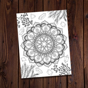 Mandala and Crystals Coloring Page- Magical Coloring Page- Witchy Coloring Page- Spiritual Coloring Page- Crystals Coloring-Magical Coloring