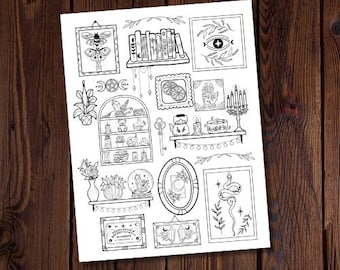 May include: A black and white printable coloring page featuring a variety of witchy and mystical imagery, including a crystal ball, a snake, a hand, a book, a moon, and a Ouija board.