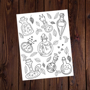 Potions And Herbs Coloring Page- All Ages Coloring- Adult Coloring- Magical Coloring- Spiritual Coloring- Witchy Coloring-Printable coloring