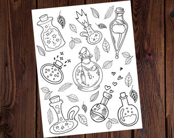 Puede incluir: Un dibujo en blanco y negro de varias botellas de pociones con hojas y corazones. Las botellas son de diferentes formas y tamaños y tienen diferentes detalles, como estrellas, burbujas y un cristal.