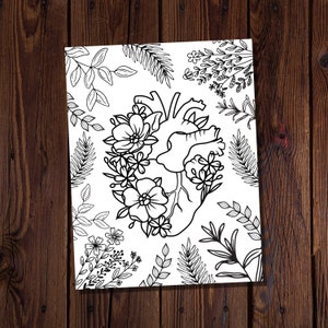 Heart and Flowers Coloring Page-Goth Style Coloring Page-Witchy Coloring Page-Herb Coloring Page-Magical-Flowers Coloring-Heart Coloring