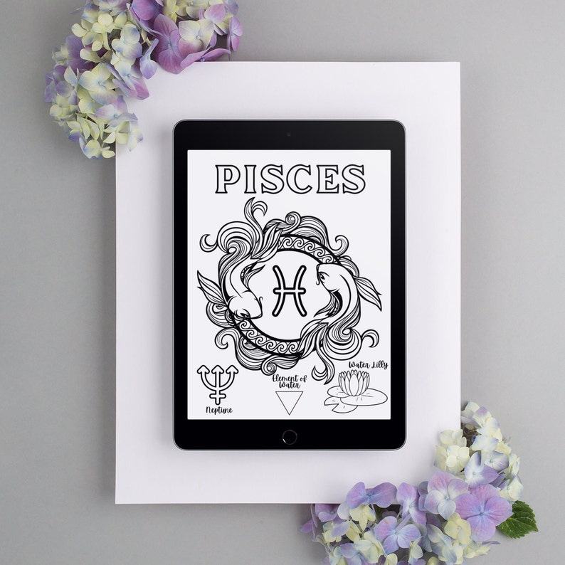 May include: A black and white digital illustration of the Pisces zodiac sign, featuring two fish swimming in a circle with a stylised wave pattern. The illustration includes the symbol for Neptune, the element of water, and a water lily.