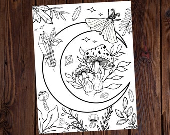 Crescent Moon and Mushrooms- Crescent Moon Coloring Page-Witchy Coloring Page-Magical Coloring Page-Mushroom Coloring Page-All Ages Coloring