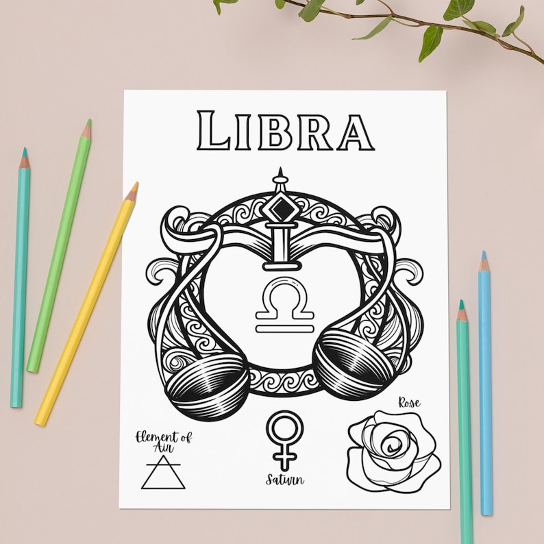 May include: Black and white line art illustration of the Libra zodiac sign with the word "LIBRA" at the top. The illustration includes a scale, a rose, and the symbol for Saturn. The text "Element of Air" and a triangle are also included.