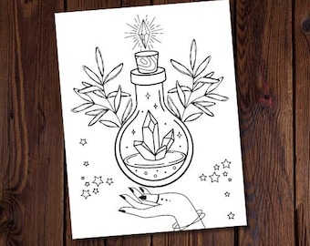 Magic Elixer-Coloring Page-Witchy Coloring Page-Potion Coloring Page-Moon Coloring-Magic Coloring Page-Spell Book Coloring-Spell Magic