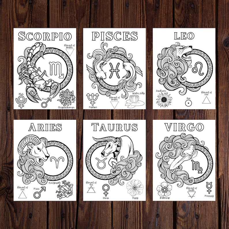May include: Black and white line art illustrations of the 12 zodiac signs. Each sign is surrounded by a decorative circle and includes the sign's symbol, element, ruling planet, and associated flower. The signs are: Scorpio, Pisces, Leo, Aries, Taurus, and Virgo.