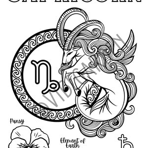 May include: Black and white line art illustration of the astrological sign Capricorn. The image includes the symbol for Capricorn, a goat with a fish tail, and the words "Capricorn", "element of earth", "Saturn", and "Pansy".