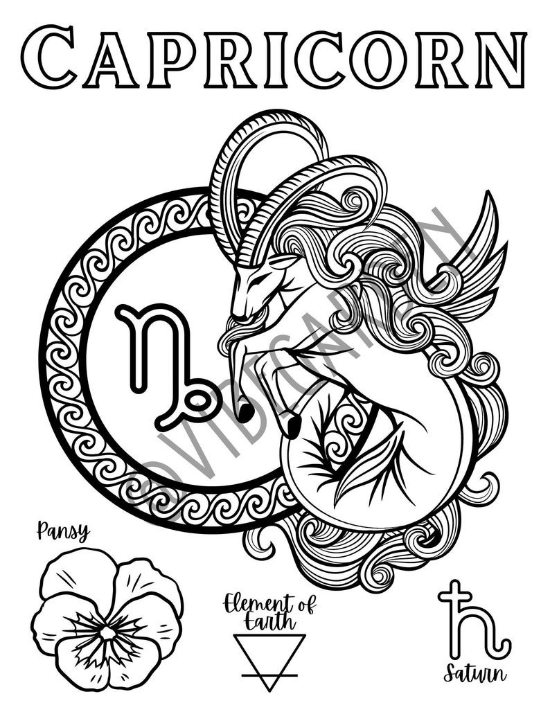 May include: Black and white line art illustration of the astrological sign Capricorn. The image includes the symbol for Capricorn, a goat with a fish tail, and the words "Capricorn", "element of earth", "Saturn", and "Pansy".