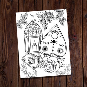 Divination-Planchette Coloring Page-Witchy Coloring Page-Magical Coloring Page-Tarot Cards Coloring-Spiritual Coloring Page-Roses Coloring