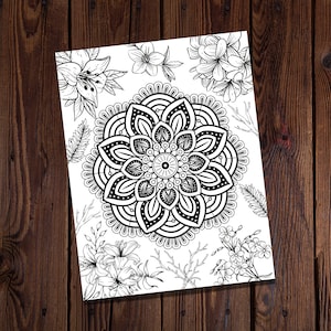 Mandala Coloring Page-Mandala and Flowers Coloring Page-Magic Mandala- Witchy Coloring Page-Spiritual Coloring Page-All Ages Coloring