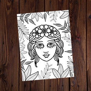Goddess In The Leaves- - Spiritual - Digital - All Ages Coloring Pages- Adult Coloring- Printable Coloring Page- Magical- Goddess- Magical