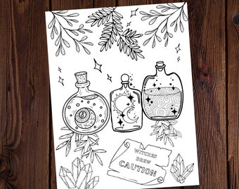 Witches Brew Coloring Page- All Ages Coloring- Spell Jar Coloring- Magical Coloring- Spiritual Coloring- Witchy Coloring Page-Potions
