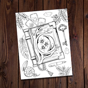 Magic Journal Coloring-Grimoire Coloring Page-Witchy Coloring Page-Magical Coloring Page-Book of Shadows Coloring-Spiritual Coloring Page