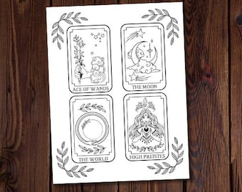 May include: Black and white printable tarot card coloring page featuring four cards: Ace of Wands, The Moon, The World, and High Priestess.