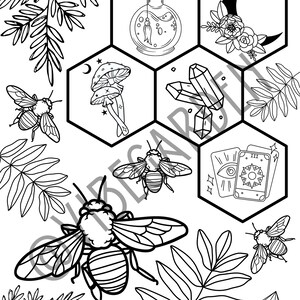 May include: Black and white line art illustration of a honeycomb with various magical items, including a potion bottle, crystals, a mushroom, a crescent moon, tarot cards, and bees.
