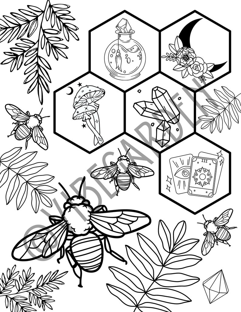 May include: Black and white line art illustration of a honeycomb with various magical items, including a potion bottle, crystals, a mushroom, a crescent moon, tarot cards, and bees.