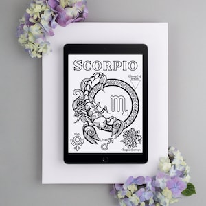 May include: A black and white digital illustration of the zodiac sign Scorpio. The illustration features a scorpion with a circle around it, the letter "m" inside the circle, and the words "Scorpio" and "element of water".