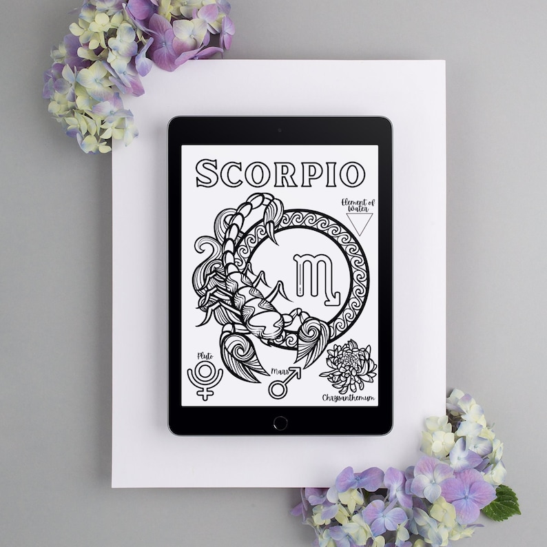 May include: A black and white digital illustration of the zodiac sign Scorpio. The illustration features a scorpion with a circle around it, the letter "m" inside the circle, and the words "Scorpio" and "element of water".