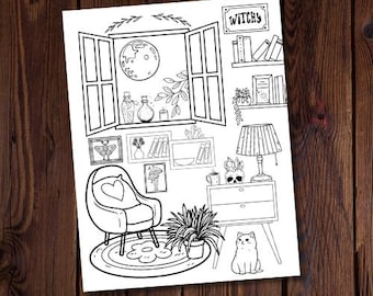 Comfort by the Moon-Coloring Page-Witchy Coloring Page-Spiritual Coloring-Moon Coloring-Magic Coloring Page-All Ages Coloring Page