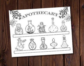 Apothecary Coloring Page-Witchy Coloring Page-Spiritual Coloring-Moon Coloring-Magic Coloring Page-All Ages Coloring Page-Potions Coloring