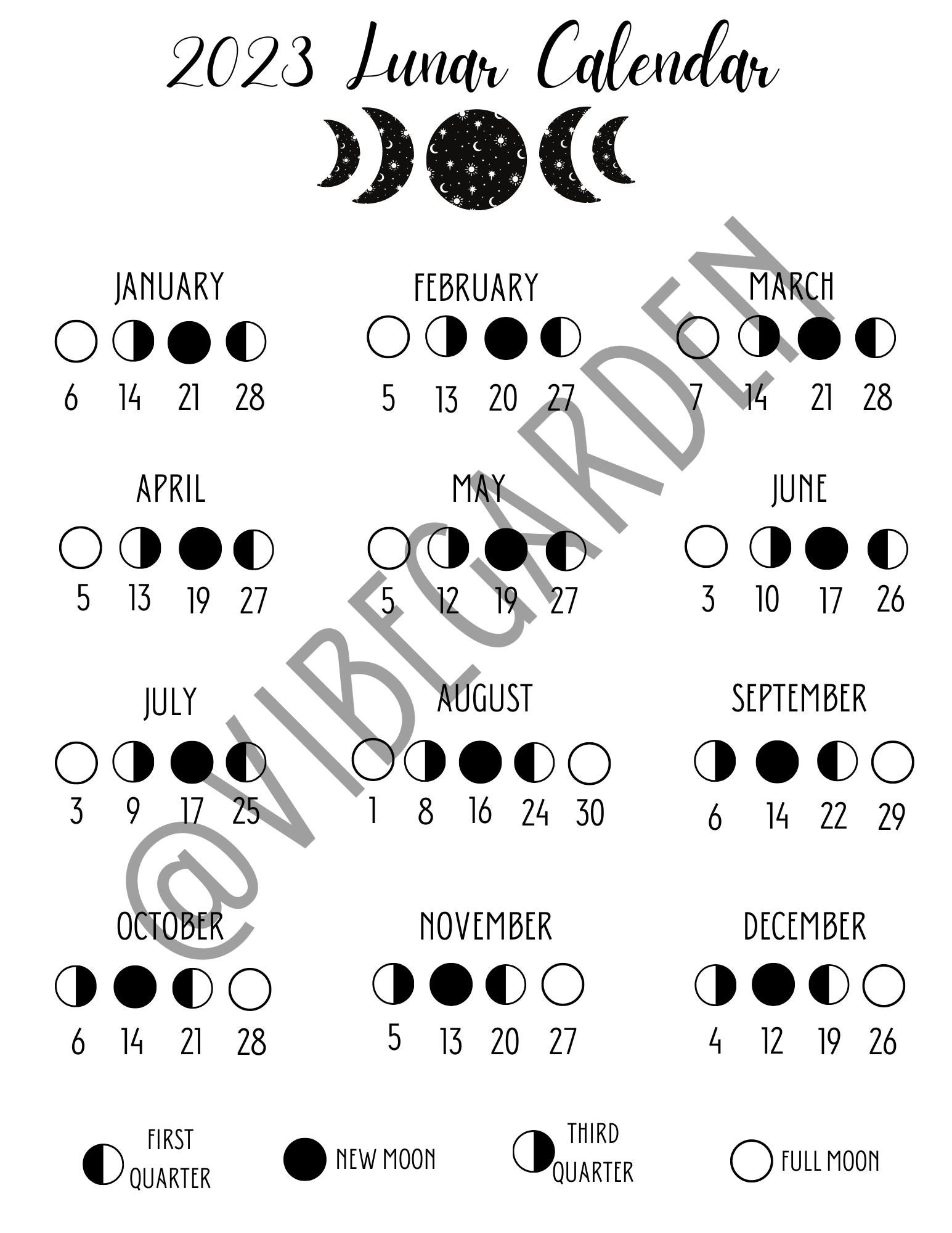 2023 Lunar Calendarmoon Calendarmoon Phase Calendarfull Etsy