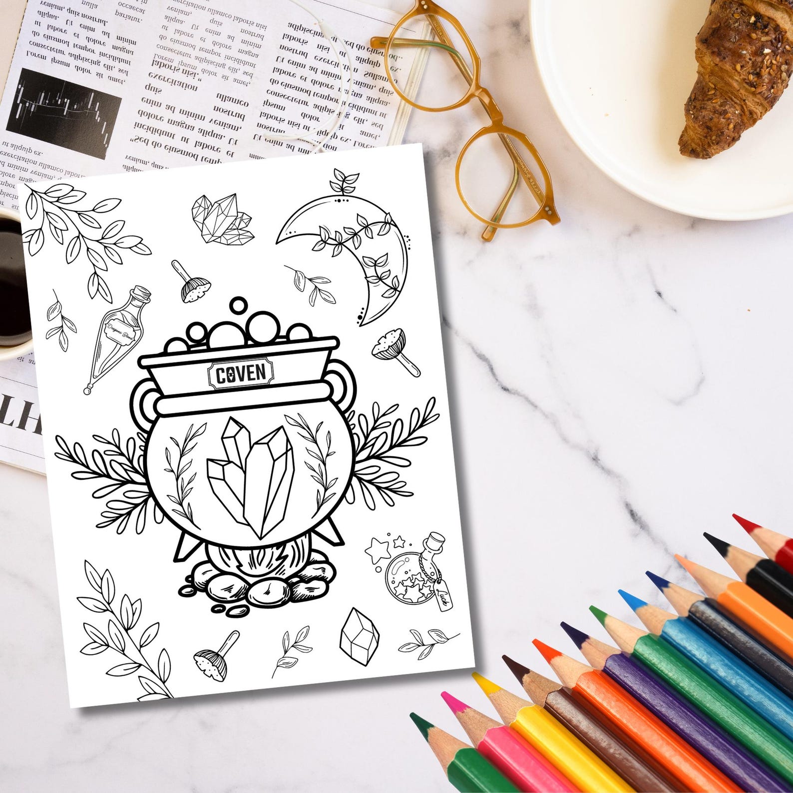 Cauldron Coloring Page-witchy Coloring Page-spiritual Coloring-moon ...