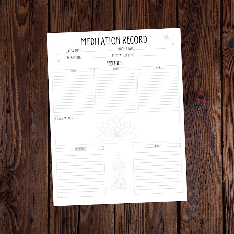 K&ouml;nnte beinhalten: Druckbarer Meditations-Aufzeichnungsbogen mit Abschnitten f&uuml;r Datum und Uhrzeit, Dauer, Mondphase, Meditationsart, Gef&uuml;hle vor, w&auml;hrend und nach der Meditation, Visualisierungen, Schwierigkeiten und Erkenntnisse. Das Blatt zeigt eine Lotusbl&uuml;tengrafik.
