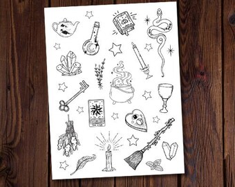 Witchy Essentials-Coloring Page-Witchy Coloring Page-Spiritual Coloring-Moon Coloring-Magic Coloring Page-Witch Broom-Page-Potions Coloring