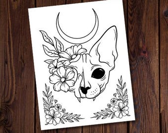 Mond Katze-Malseite-Witchy Malseite-Spirituelle Färbung-Mond Färbung-Magische Färbung Seite-Kräuter Färbung-Seite-Katze Färbung