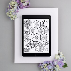 May include: A black and white digital illustration of a bee and a honeycomb with various symbols including a crescent moon, a crystal, a bottle, a mushroom, and tarot cards.