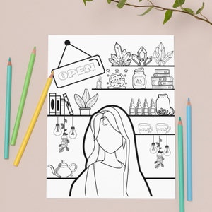 May include: Black and white line art illustration of a mystical shop interior. The image features shelves with crystals, books, plants, and jars. A sign that says "OPEN" hangs above the shop. A woman's face is in the foreground.