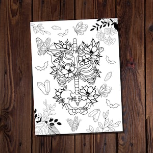 Butterflies and Skeleton Coloring Page-Goth Style Coloring Page-Witchy Coloring Page-Bats Coloring Page-Flowers Coloring-Crystals Coloring