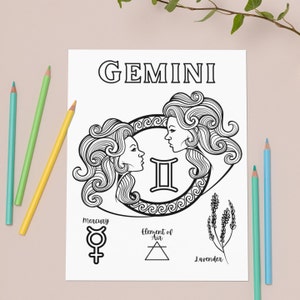 May include: Black and white line art colouring page featuring the Gemini zodiac sign. The image includes two female figures, the symbol for Gemini, the element of air, and the word "Lavender".
