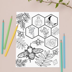 May include: Black and white coloring page featuring a honeycomb design with various illustrations including bees, crystals, mushrooms, a potion bottle, tarot cards, and a crescent moon.