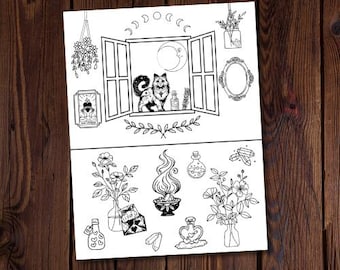 Love Magic Coloring Page-Witchy Coloring Page-Spiritual Coloring-Moon Coloring-Magic Coloring Page-Crystals-Potions-Witchy Books-Love