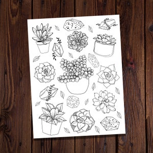 May include: Black and white line art printable sheet featuring various succulent plants in pots and geometric crystals.