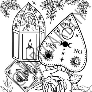 May include: Black and white line art illustration of a Ouija board, a lantern with a candle inside, tarot cards, and a rose. The Ouija board has the words "OUIJA", "YES", and "NO" on it. The lantern has a paisley design. The tarot cards have a crystal design. The rose has a stem and leaves.