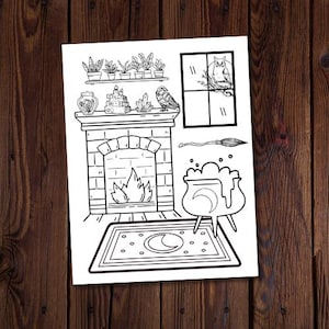 Cozy Den-Coloring Page-Witchy Coloring Page-Spiritual Coloring-Moon Coloring-Magic Coloring Page-All Ages Coloring Page-Comforting Coloring