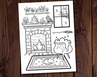 Puede incluir: Una ilustración en blanco y negro de una sala de estar de bruja con una chimenea, un caldero, una escoba, una alfombra con una luna y estrellas, y una ventana con un búho.