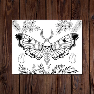 Death Moth Coloring Page-Goth Style Coloring Page-Witchy Coloring Page-Occult Coloring Page-Magic Coloring Page-Skull Coloring Page