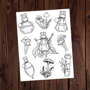 Potions And Mushrooms Coloring Page-Potion Coloring-Mushroom Coloring-Magical Coloring-Spiritual Coloring-Witchy Coloring-Witches Coloring