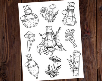 Potions And Mushrooms Coloring Page-Potion Coloring-Mushroom Coloring-Magical Coloring-Spiritual Coloring-Witchy Coloring-Witches Coloring