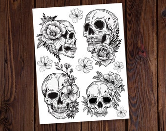 For the Love of Skulls-Skulls Coloring Page-Skulls and Flowers-Goth Coloring-Witchy Coloring Page-Roses and Skulls-Magical Coloring-Witchy