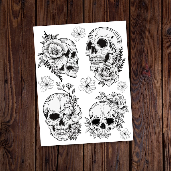 For the Love of Skulls-Skulls Coloring Page-Skulls and Flowers-Goth Coloring-Witchy Coloring Page-Roses and Skulls-Magical Coloring-Witchy