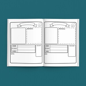 Peut inclure: Une double page vierge d'un journal de cristal. Les pages sont divis&eacute;es en sections pour enregistrer la couleur, l'apparence, la source et les autres propri&eacute;t&eacute;s des cristaux. Le haut de chaque page pr&eacute;sente un dessin d'un cristal.