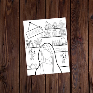 May include: Black and white illustration of a woman with long hair standing in front of shelves filled with crystals, books, and jars. A sign that says "OPEN" hangs above the shelves. Decorative light bulbs hang from the shelves.